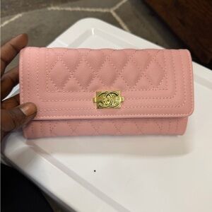 Pink Quilted Wallet with Gold Logo
